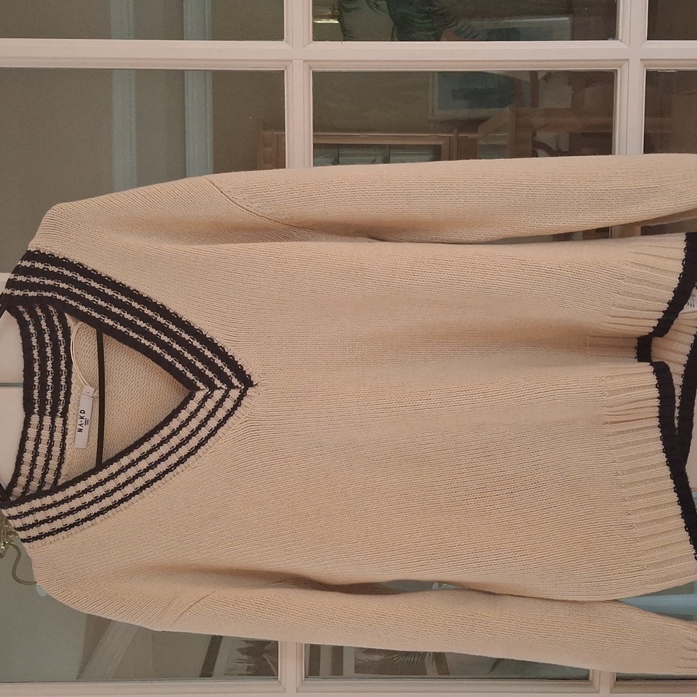 NA KD Tan V-Neck Sweater with Black Stripes